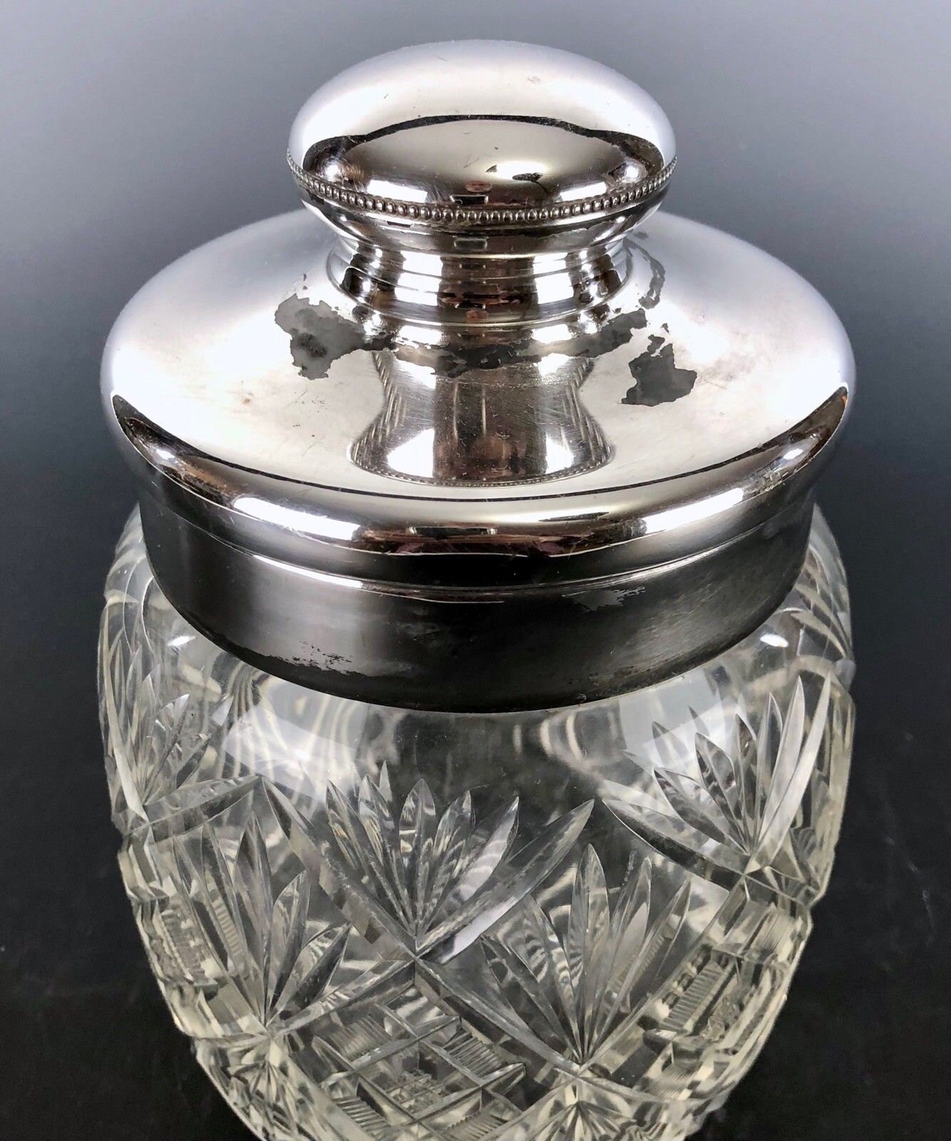 Antique CUT GLASS Humidor or Tobacco Covered Jar Silverplate Top