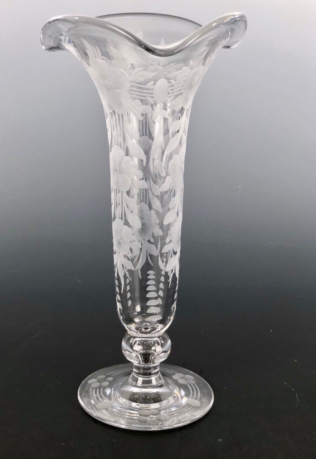 Antique American Brilliant Period Engraved Vase Signed LIBBEY Floral