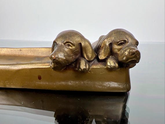 Victorian Inkwell Pen Tray 2 Spaniel Puppies Decoration