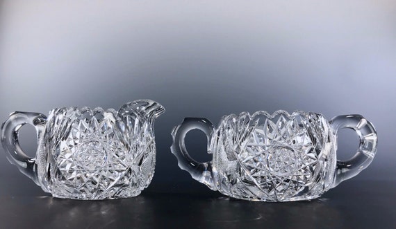 Antique American Brilliant FINE QUALITY Creamer and Sugar Set Hobstar Cut Base
