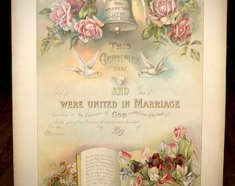 Antique Original Victorian NOS Marriage Certificate Lithographic Print with Roses and Sweet Peas