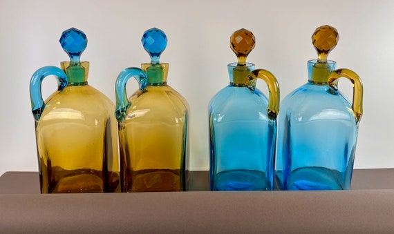 Antique Decanters Amber & Azure Victorian Era 4 PCS