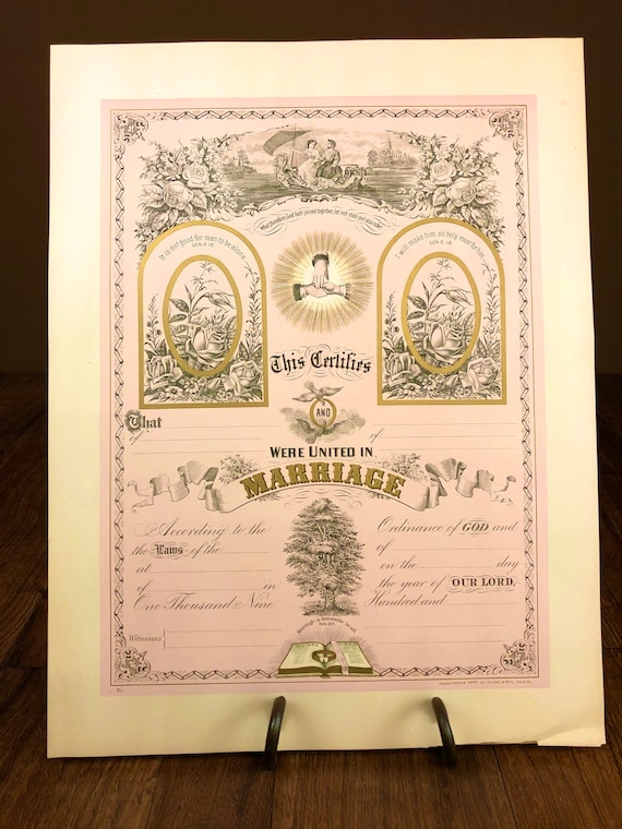 Antique Original NOS New Old Stock Lithograph Victorian MARRIAGE CERTIFICATE 1897