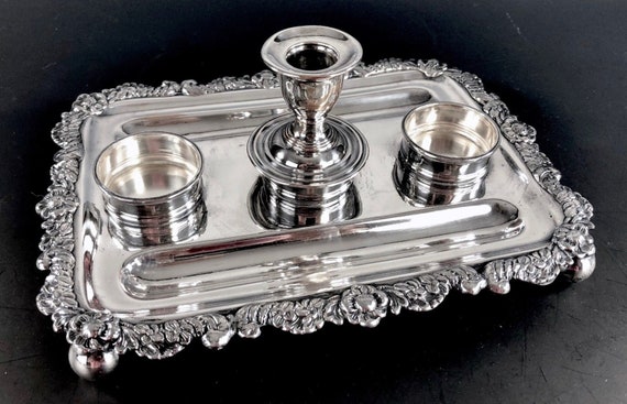 Antique Silverplate Ink Stand Desk Inkwell Holder Silverplate Over Copper