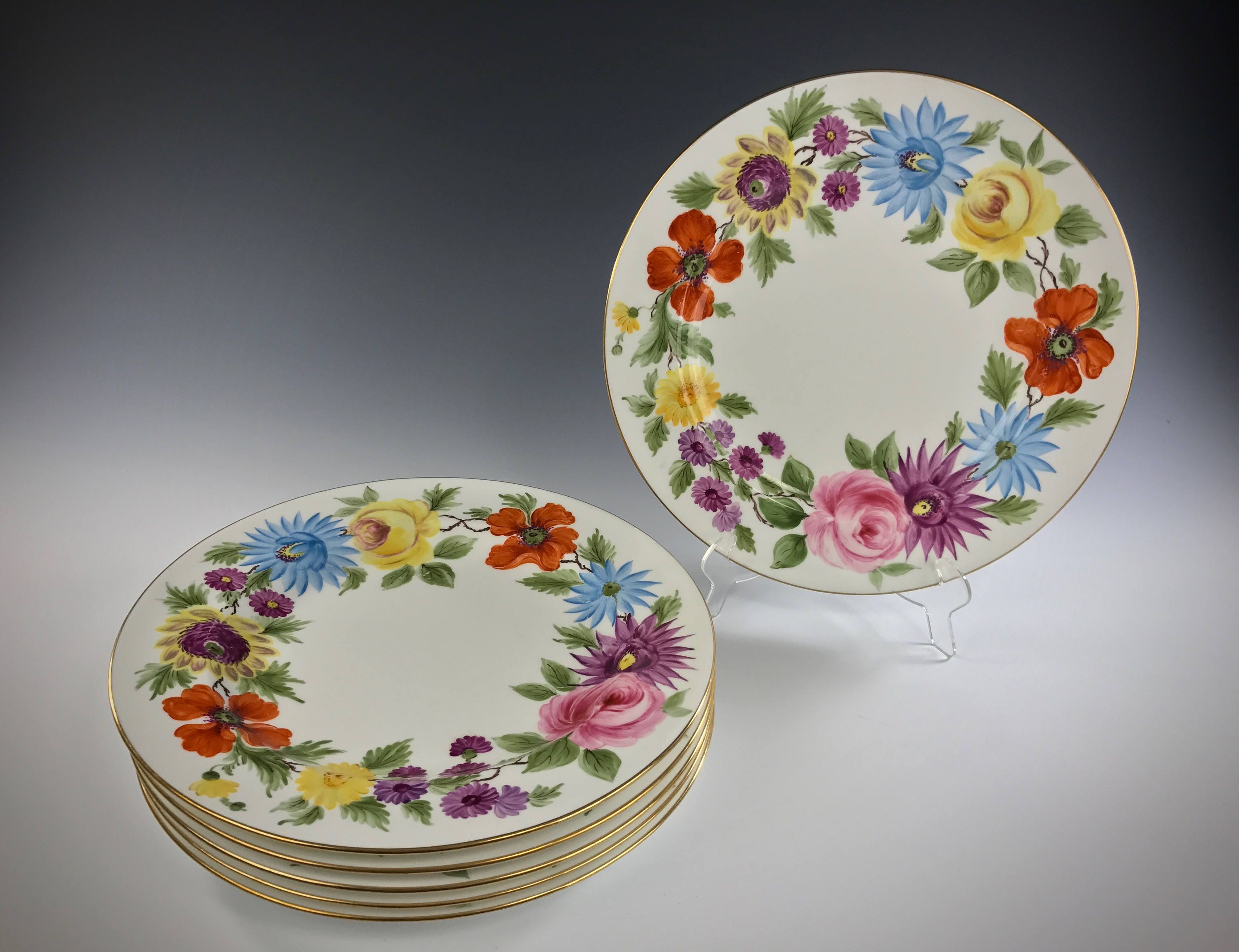 Antique WEDGWOOD CHINA Dinner Plates Hand Painted Flowers 6 Etsy
