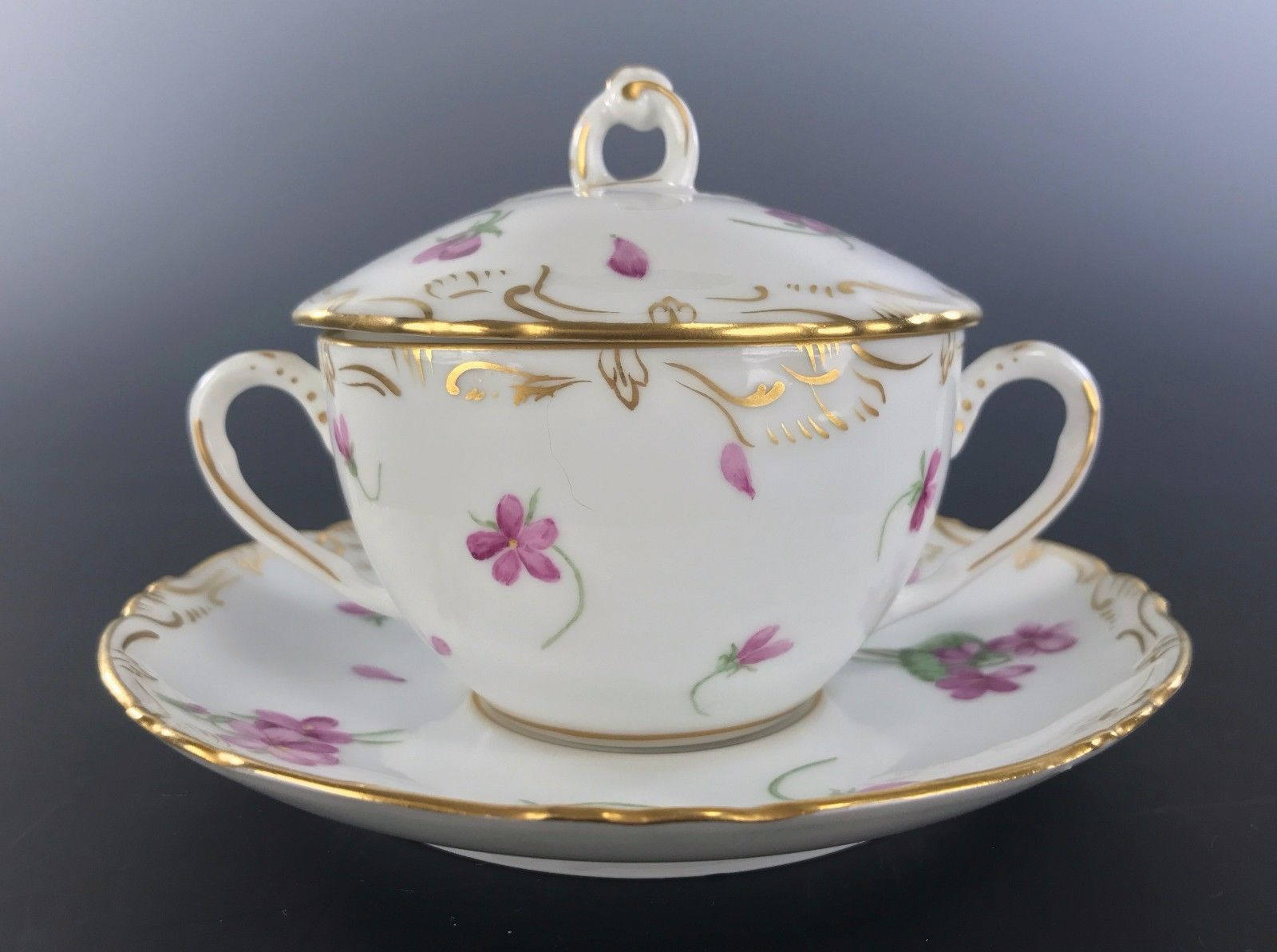 Beautiful Covered Consommé Cup with Lid and Underplate HAND PAINTED