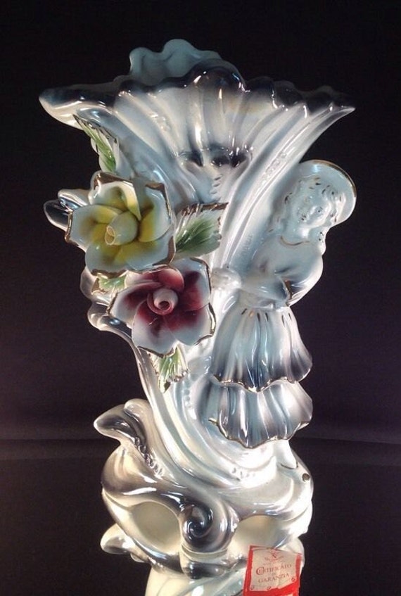 Vintage CAPODIMONTE Shepherdess Vase With Applied Roses HUGE 14.5" Tall Perfect!