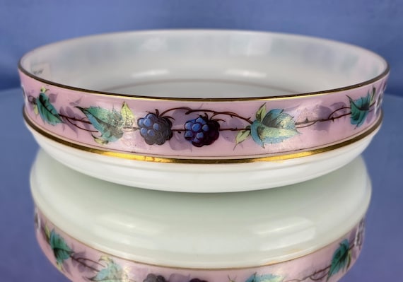 Antique SMITH BROS Hand Painted Milk Glass Bowl Raspberry Brambles