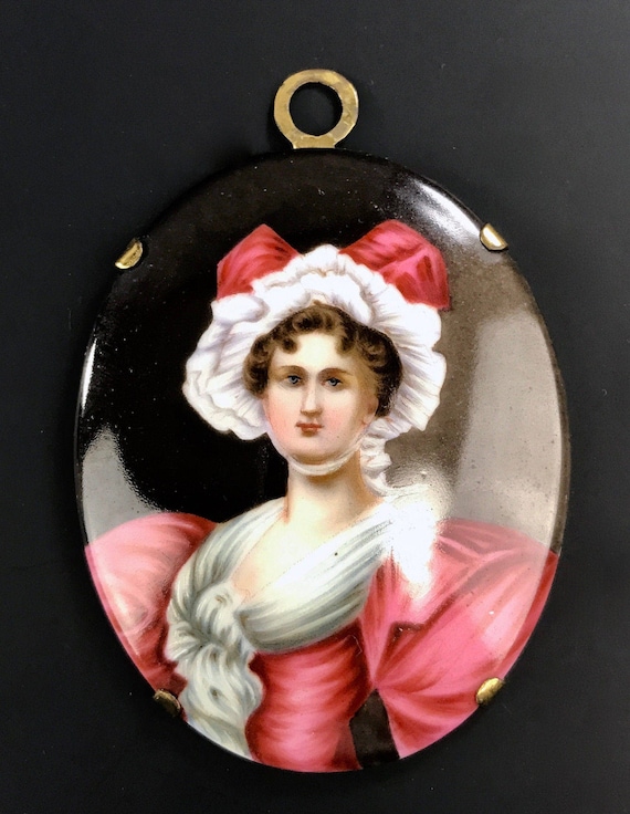 Antique MINIATURE PORTRAIT Madame Sans-Gêne Portrait Oval On Porcelain SIGNED Hartman