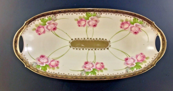 Antique PM BAVARIA Porcelain Moschendorf Factory Celery/Relish Tray Pink Rose Decoration