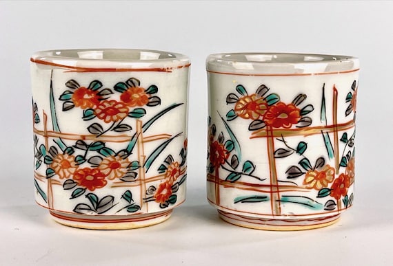 Antique Japanese Match or Toothpick Holders Trellis Design w Orange Flowers PAIR