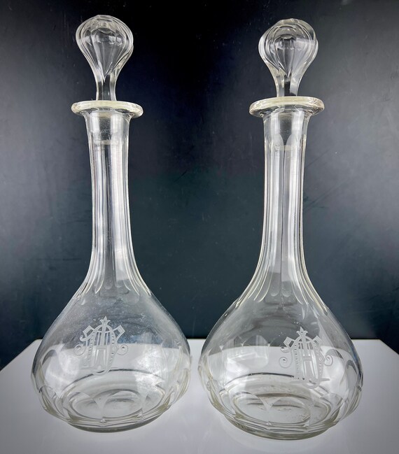 Pair of Antique Decanters w/ Engraved Cipher Cut Glass