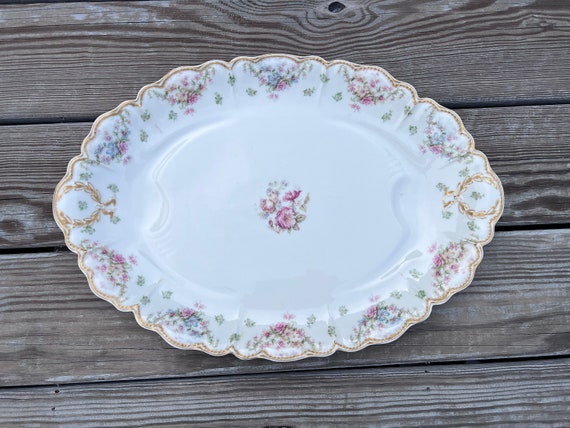 Antique HAVILAND & CO LIMOGES Large Meat Platter 18.75" Gilded Pink and Blue Flowers