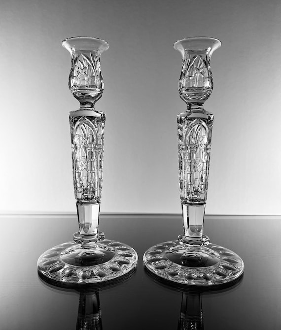 Antique WEBB Cut Glass Candlesticks PAIR Circa 1936-1949