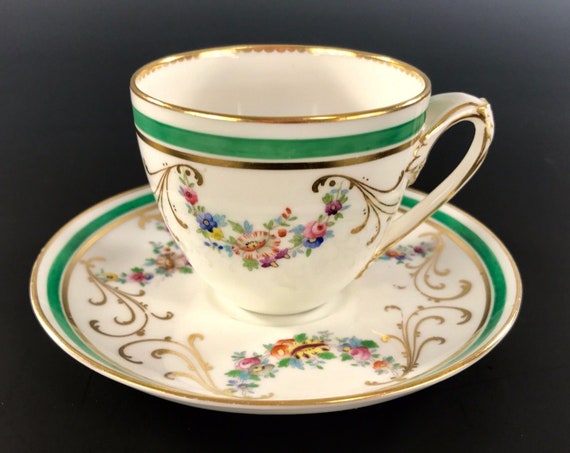 Antique ROYAL WORCESTER Hand Painted Cup & Saucer Floral Decorations Circa 1875