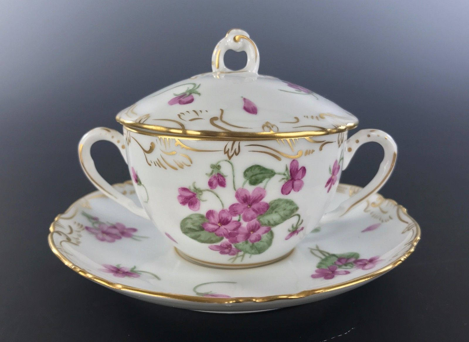 Beautiful Covered Consommé Cup with Lid and Underplate HAND PAINTED