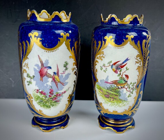 Antique GEORGE JONES & SONS Mantel Vases Blue w Bird Decoration Circa 1885