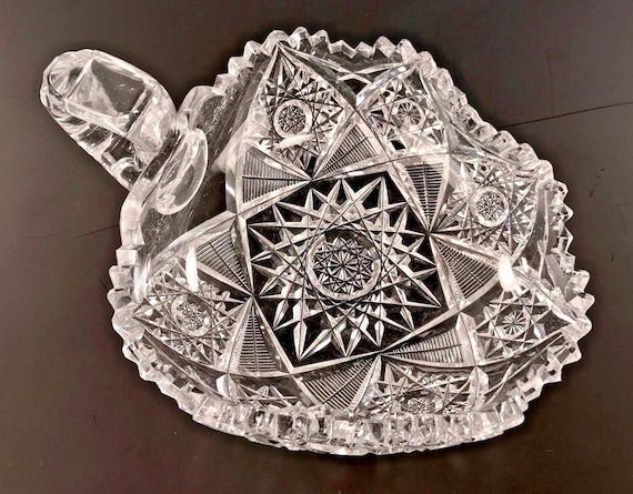 Antique American Brilliant Cut Glass Triangular Form Nappy With Cut Handle ABP