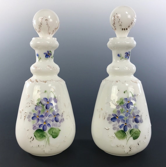 Antique Victorian Milk Glass Cologne Bottles Hand Painted Violets Vanity Table Items