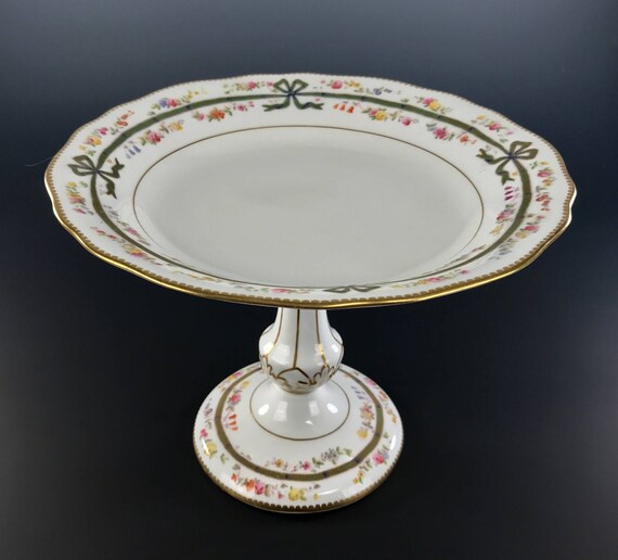 Antique COPELAND PEDESTAL DISH | Flower Garlands & Green Ribbons | Circa 1851-1885