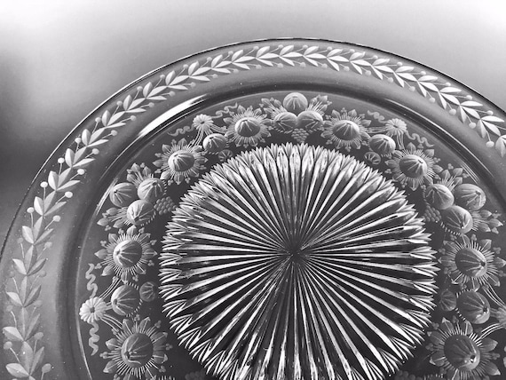 Antique European Cut And Engraved Glass Tray Fruit & Ribbon Decoration 12.5"