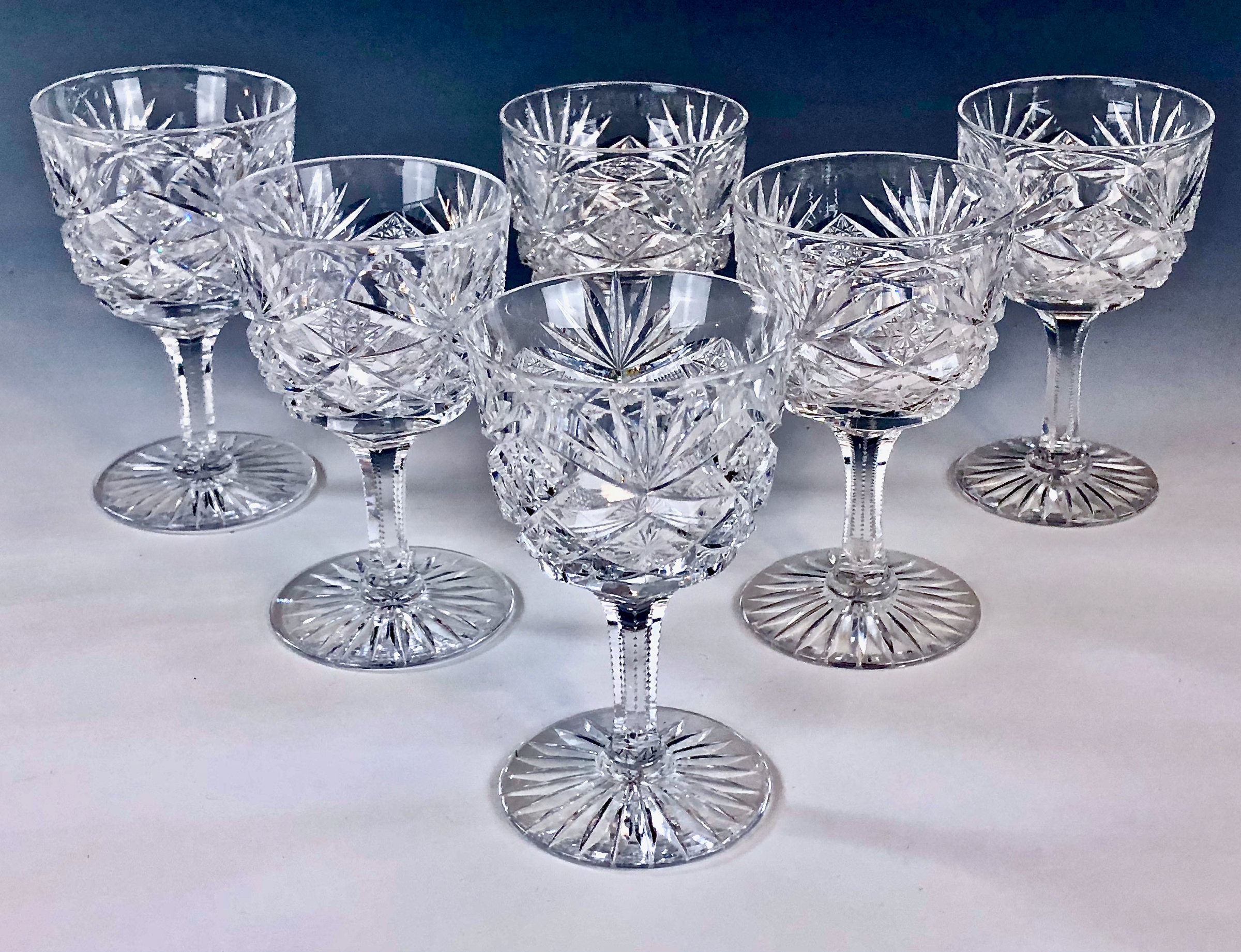 American Brilliant Cut Glass Wine Glasses Set of 6 Beautifully Cut