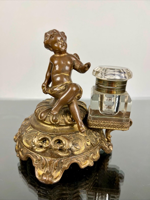 Victorian Gilt Bronze Inkwell Cherub Original Glass Inkwell Circa 1890