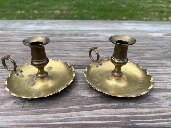 Pair Antique Brass Chamberstick Form Candleholders w Scalloped Edge Early 19th Century
