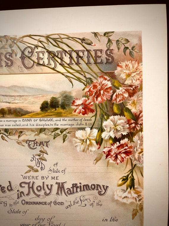 Antique Original Victorian Marriage Certificate Unused NOS New Old Stock Lithograph with Carnations Bells Geranium