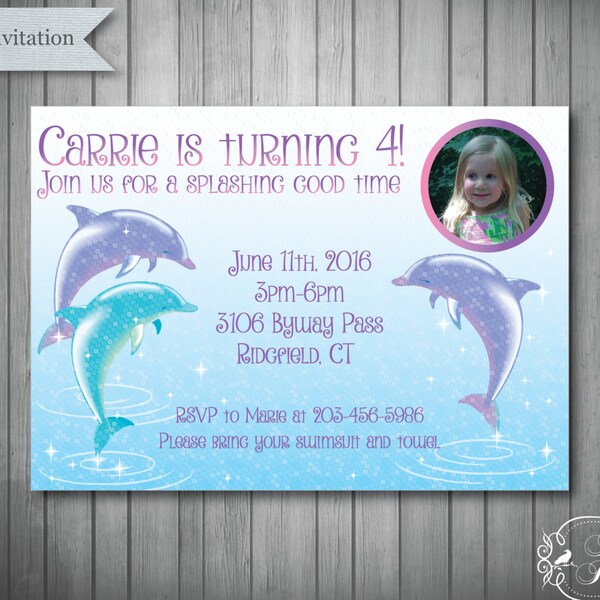 Dolphin Invitation, Pool birthday party invitation, Swim party invitation, beach birthday invitation, dolphin birthday photo invitation