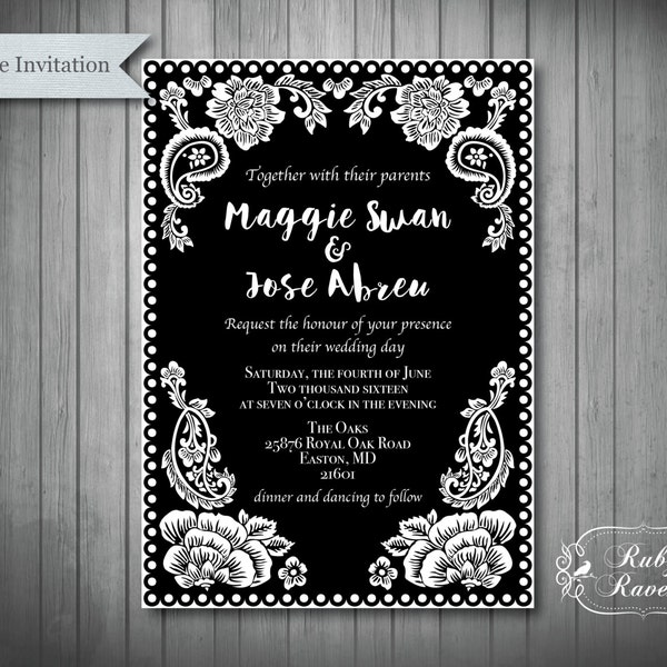 Papel Picado Wedding Invitation Suite, Black and White Wedding, Bridal Shower,  Halloween Wedding Invite