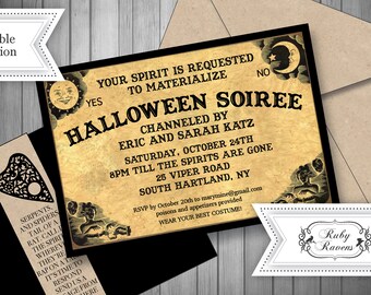 May include: Printable Halloween party invitation featuring a black and white Ouija board design. The invitation includes the text "Your spirit is requested to materialize" and "Halloween Soiree" in a spooky font. The invitation is set against a brown woodgrain background.