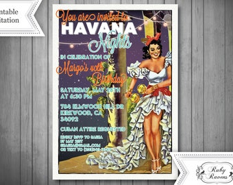 May include: A printable invitation to a Havana Nights party celebrating Margo's 40th birthday. The invitation features a woman in a white dress and red sash, holding maracas, against a tropical backdrop with palm trees and string lights. The event is scheduled for Saturday, 28th May at 6:30 PM at 784 Elmwood Hill Dr, Kirkwood, CA 34092. Cuban attire is requested.