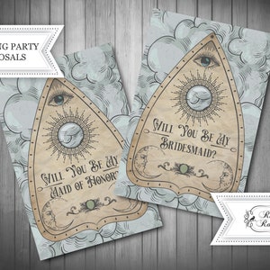 Peut inclure: Deux cartes imprimables avec un design vintage représentant une planchette avec un œil, un soleil et une lune. Le texte sur les cartes est "Veux-tu être ma demoiselle d'honneur ?" et "Veux-tu être ma demoiselle d'honneur ?"