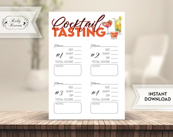 Cocktail Tasting Score Card, Cocktail sample, Cocktail tasting tasting notes, Cocktail Rating Card,  Happy Hour,  Cocktail Party Review
