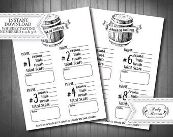 INSTANT DOWNLOAD - Whiskey Tasting Score Card, Whiskey Tasting Kit, Blind Whiskey Tasting Card, Whiskey Rating Card, Numbered 1-8, Flight