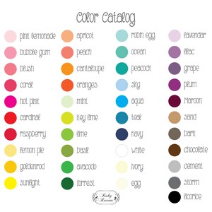 May include: Colour catalog with 30 different colour swatches and names. The colours are arranged in columns and include shades of pink, orange, green, blue, purple, brown, and grey.