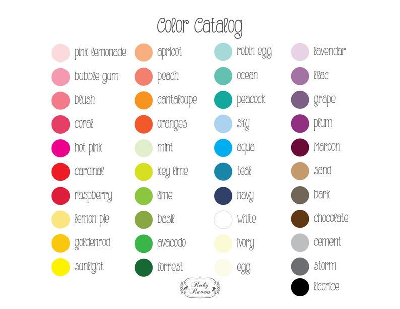 May include: Colour catalog with 30 different colour swatches and names. The colours are arranged in columns and include shades of pink, orange, green, blue, purple, brown, and grey.