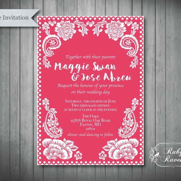 Papel Picado Wedding Invitation Suite, Papel Picado wedding invitation, choose your own color theme, Printable Invitation, Margarita Party