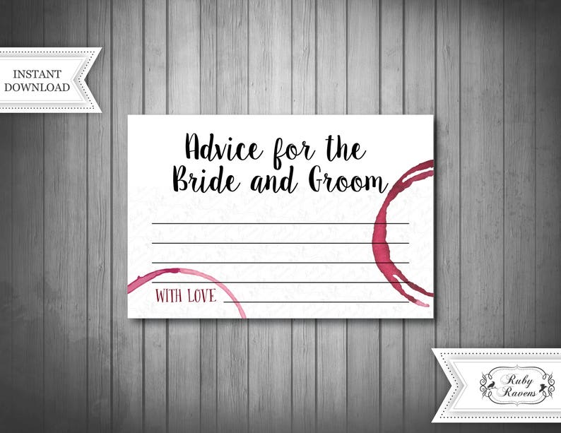 May include: White card with the text "Advice for the Bride and Groom" and "With Love" in black text. The card has a red wine stain on the right side.