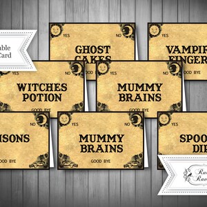 Peut inclure: Cartes de tente imprimables sur le thème d'Halloween. Les cartes présentent des noms d'aliments effrayants comme "Gâteaux fantômes", "Potion de sorcière", "Cervaux de momie", "Doigts de vampire", "Poisons" et "Trempette effrayante".