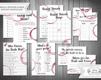 INSTANT DOWNLOAD - 12 Wine Theme Bridal Shower Game Package,  Who Knows The Bride Best, Wine Bachelorette Party Game, Wine Theme Game,  Cork