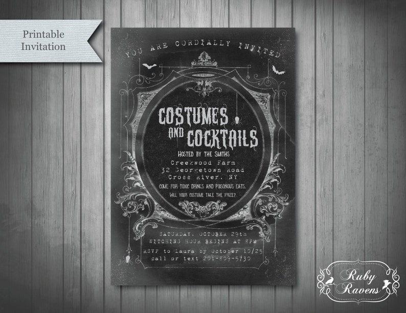 May include: A printable Halloween invitation with a chalkboard-style design. The invitation features the text "Costumes and Cocktails" and event details. Decorative elements include bats, ornate borders, and the "Ruby Ravens" logo.