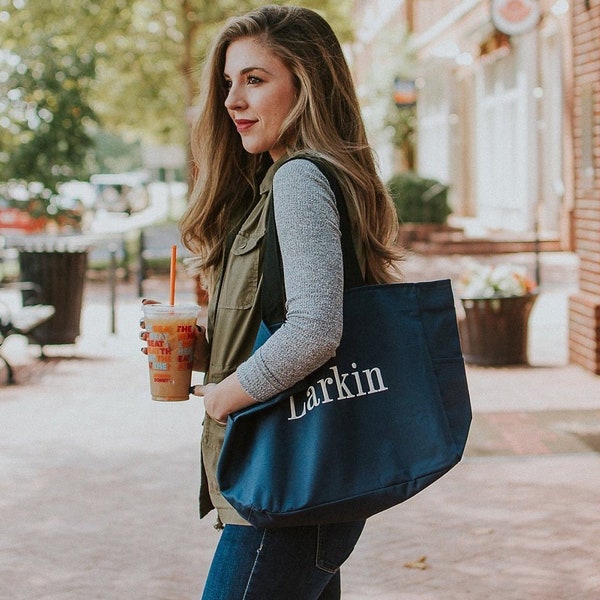 Monogrammed Everyday Zip Tote Bag - Navy | Bridesmaid Tote Bag | Teacher Tote Bag | School Tote Bag | Embroidered Tote Bag