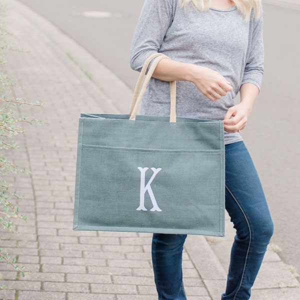 Monogram Burlap Jute Pocket Tote - Gray | Personalized Tote | Beach Tote | Pool Tote | Bridesmaid Gift | Gift for Her