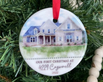 Custom Watercolor Home Christmas Ornament | Photo Ornament | First Home | New Home | Ceramic Keepsake | Housewarming Gift | Real Estate Gift