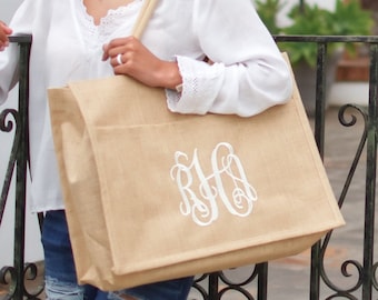 Monogram Burlap Jute Pocket Tote - Natural | Personalized Tote | Beach Tote | Pool Tote | Bridesmaid Gift | Gift for Her