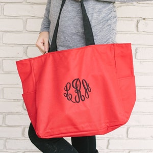 Monogrammed Everyday Zip Tote Bag - Red | Bridesmaid Tote Bag | Teacher Tote Bag | School Tote Bag | Embroidered Tote Bag