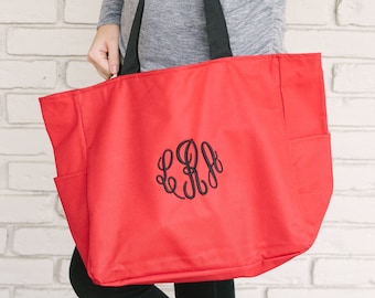 Monogrammed Everyday Zip Tote Bag - Red | Bridesmaid Tote Bag | Teacher Tote Bag | School Tote Bag | Embroidered Tote Bag