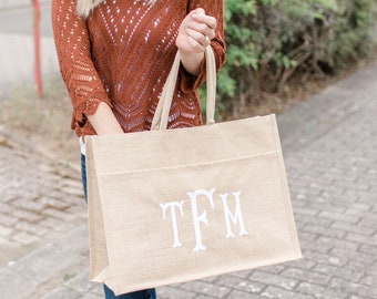Monogram Burlap Jute Pocket Tote - Natural | Personalized Tote | Beach Tote | Pool Tote | Bridesmaid Gift | Gift for Her